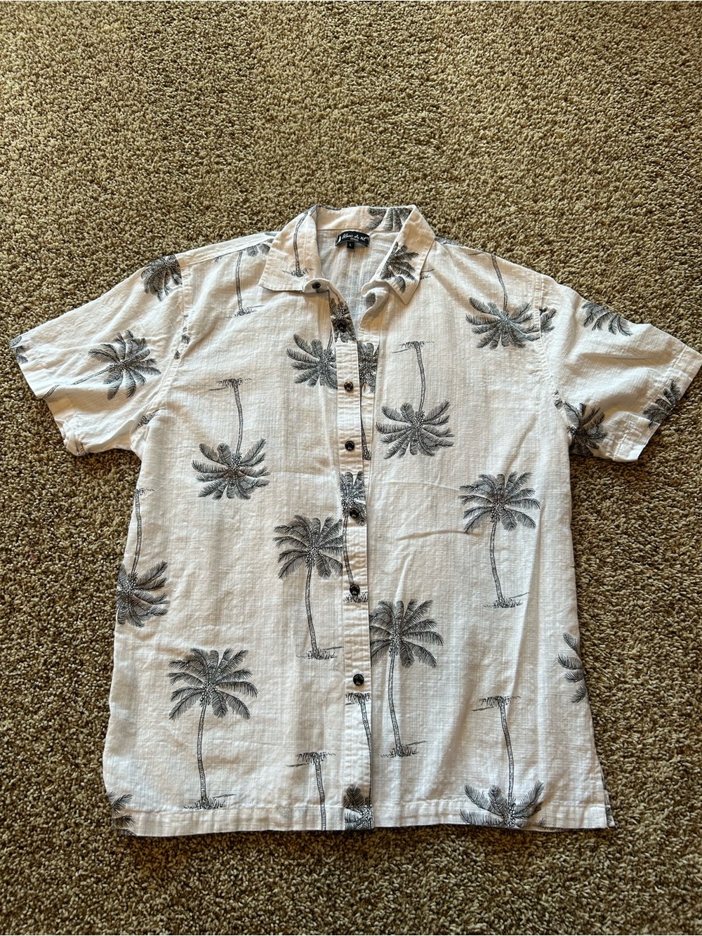 Casual Palm-Print Short Sleeve Button-Down Shirt - White/Gray